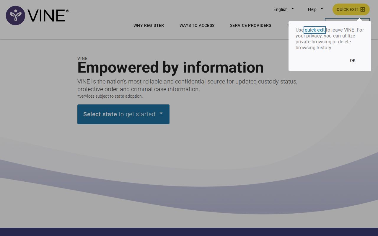 Kay County VINELink inmate search state selection screen