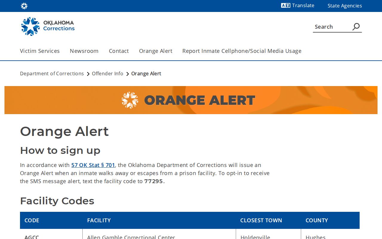 Oklahoma DOC Orange Alert release context for Kay County